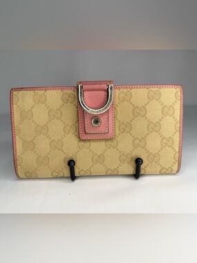 Gucci Beige GG Canvas Wallet with Pink Leather Trim and Silver Hardware